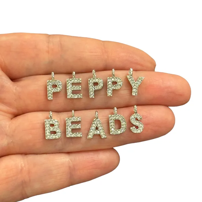 NEW Rhodium Plated Brass Micro Pave Initial Charms Peppy Beads Necklaces