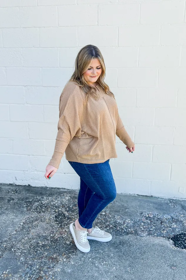 Oddi Earrings In Loving Arms Dolman Top Camel