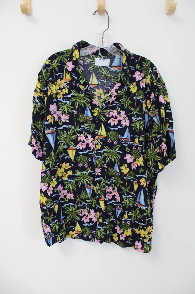 Old Navy Rings Old Navy Blue Floral Hawaiian Button Down Shirt L