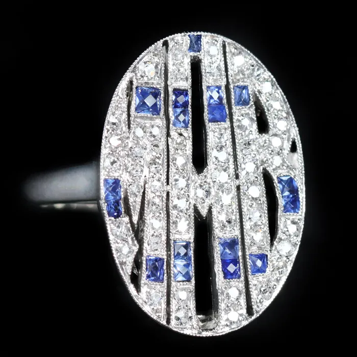 OTC Rings Estate 14K White Gold Diamond and Sapphire Monogram Ring