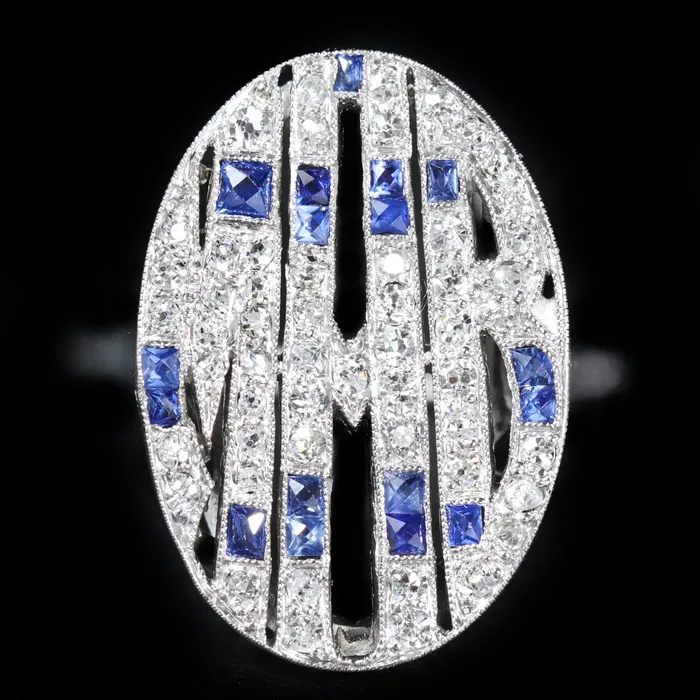 OTC Rings Estate 14K White Gold Diamond and Sapphire Monogram Ring
