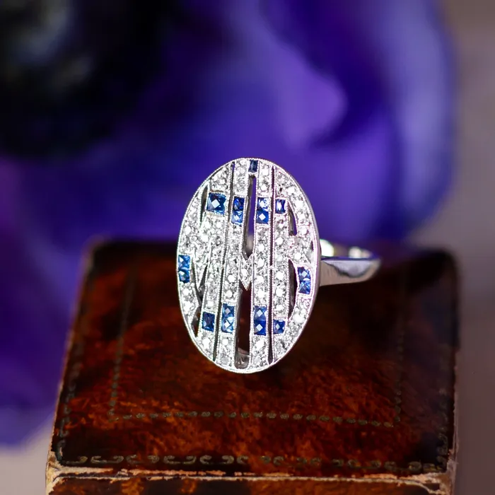 OTC Rings Estate 14K White Gold Diamond and Sapphire Monogram Ring