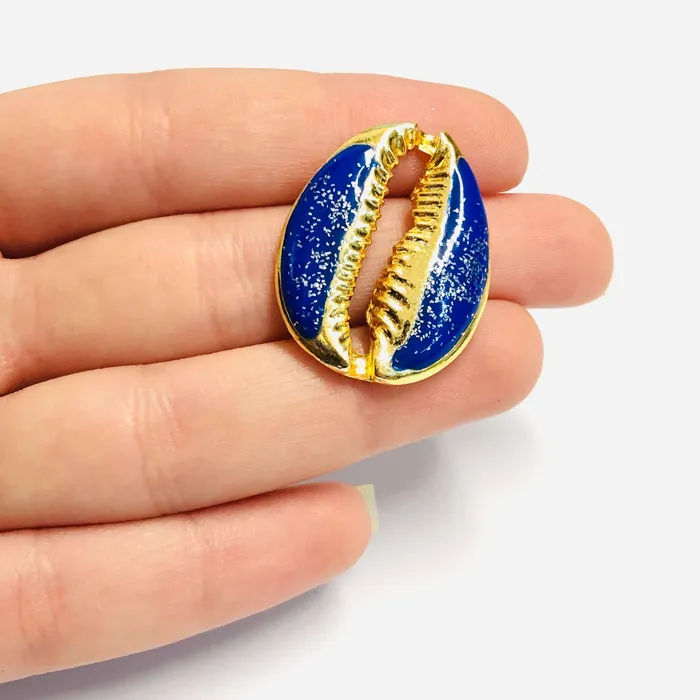 Peppy Beads Charm Necklaces 24Kt Gold Plated Brass Glitter Navy Enamelled Cowrie Charm 30x24mm