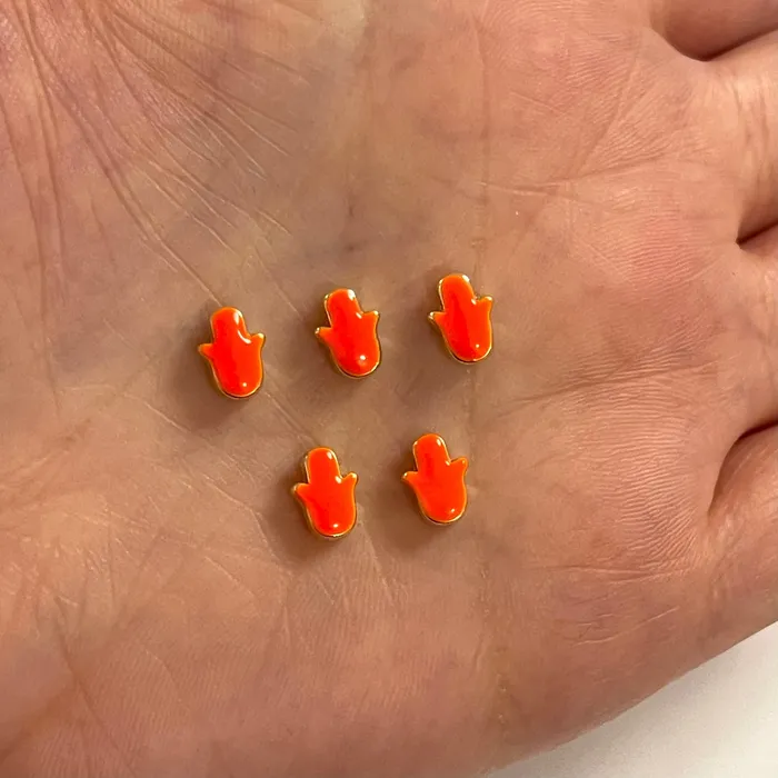Peppy Beads Earrings 24Kt Gold Plated Neon Orange Enamelled Hamsa Spacer Charms 5 Pcs in a Pack Peppy Beads Earrings 24Kt Gold Plated Neon Orange Enamelled Hamsa Spacer Charms 5 Pcs in a Pack