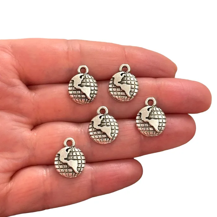 Peppy Beads Earrings Antique Silver Plated World Map Charms Silver Travel Charms 5 pcs in a pack
