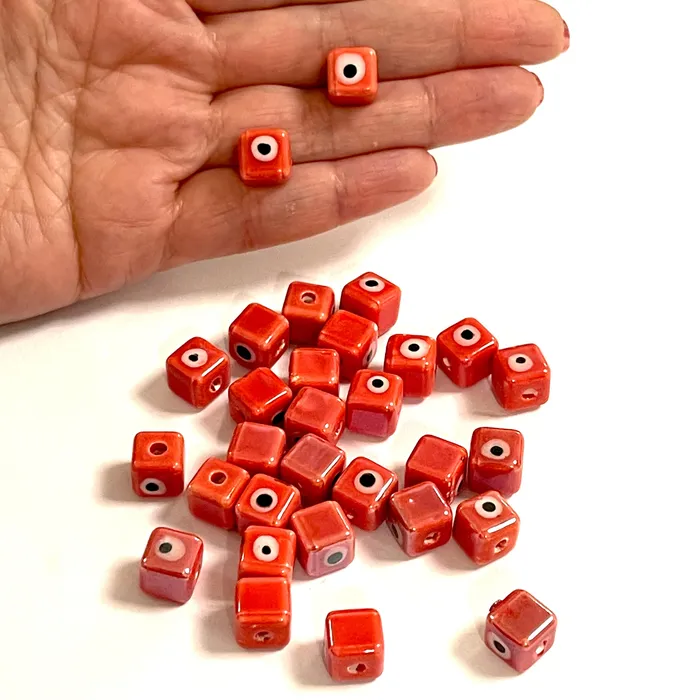 Peppy Beads Earrings Hand Made Ceramic Red Cube Evil Eye Double Sided Charms 5 pcs in a pack Peppy Beads Earrings Hand Made Ceramic Red Cube Evil Eye Double Sided Charms 5 pcs in a pack