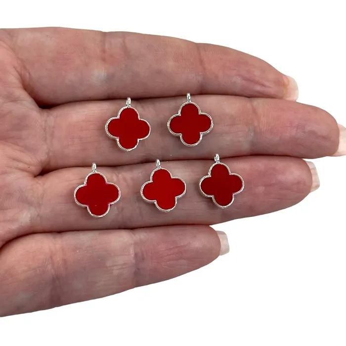 Peppy Beads Earrings Silver Plated Red Enamelled Clover Charms 5 pcs in a Pack