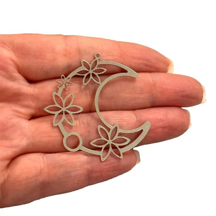 Peppy Beads Earrings Stainless Steel Crescent with Flower Charm Laser Cut Crescent with Flower Charm Peppy Beads Earrings Stainless Steel Crescent with Flower Charm Laser Cut Crescent with Flower Charm