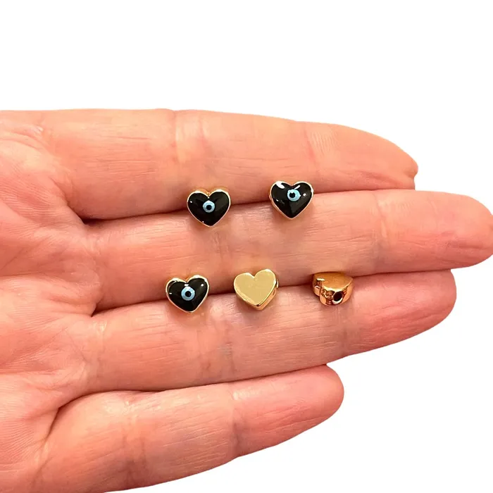 Peppy Beads Necklaces 8mm 24Kt Gold Plated Black Evil Eye Enamelled Heart Spacers 5 Pcs in a pack Peppy Beads Necklaces 8mm 24Kt Gold Plated Black Evil Eye Enamelled Heart Spacers 5 Pcs in a pack