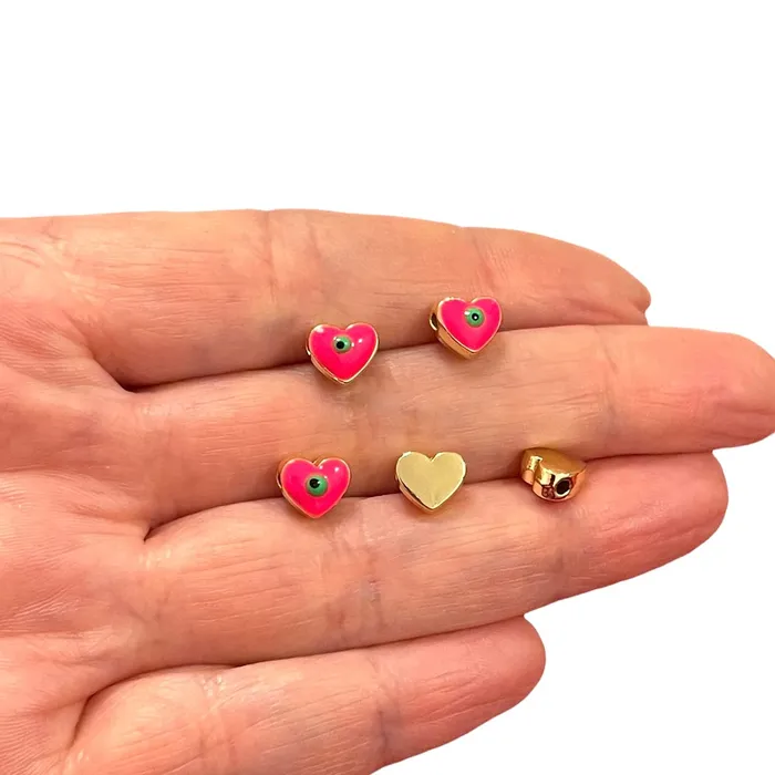 Peppy Beads Necklaces 8mm 24Kt Gold Plated Neon Pink Evil Eye Enamelled Heart Spacers 5 Pcs in a pack Peppy Beads Necklaces 8mm 24Kt Gold Plated Neon Pink Evil Eye Enamelled Heart Spacers 5 Pcs in a pack
