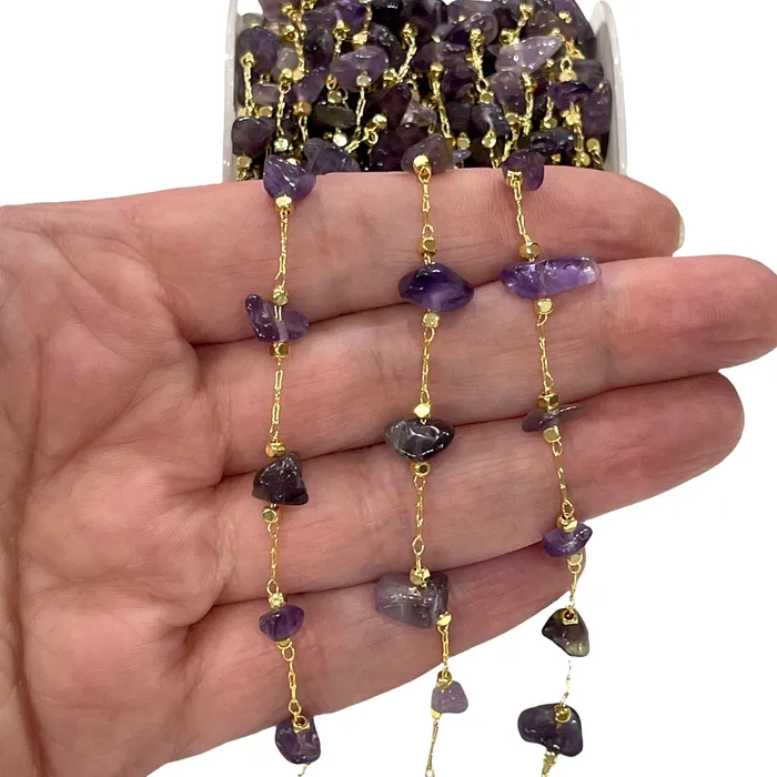Peppy Beads Necklaces Amethyst Rosary Chain 24Kt Gold Plated Gemstone Chain