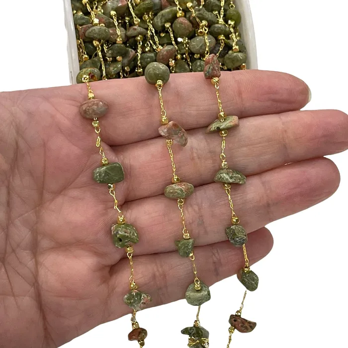 Peppy Beads Necklaces Unakite Jasper Rosary Chain 24Kt Gold Plated Gemstone Chain Peppy Beads Necklaces Unakite Jasper Rosary Chain 24Kt Gold Plated Gemstone Chain