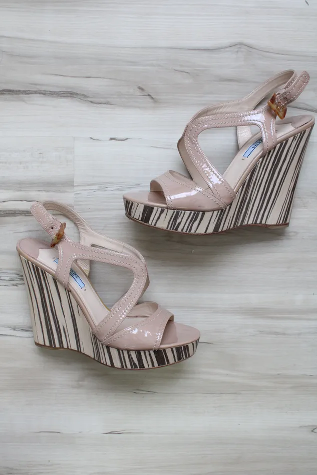 Prada Earrings Prada Milano Patent Leather Nude Slingback Wedge Heels Size 375