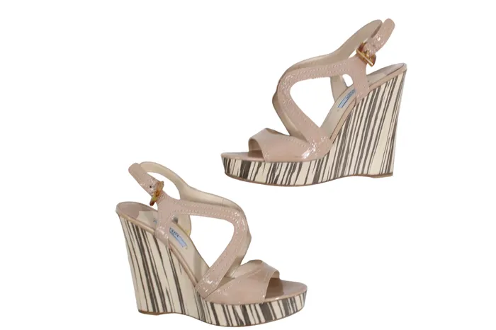 Prada Earrings Prada Milano Patent Leather Nude Slingback Wedge Heels Size 375