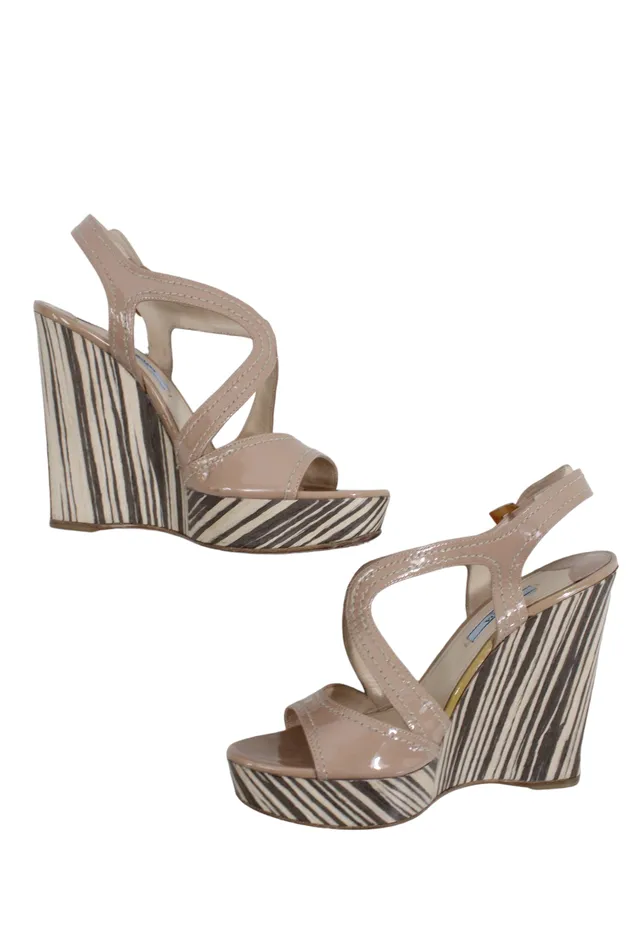 Prada Earrings Prada Milano Patent Leather Nude Slingback Wedge Heels Size 375