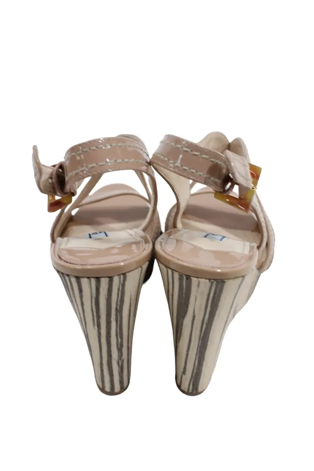 Prada Earrings Prada Milano Patent Leather Nude Slingback Wedge Heels Size 375
