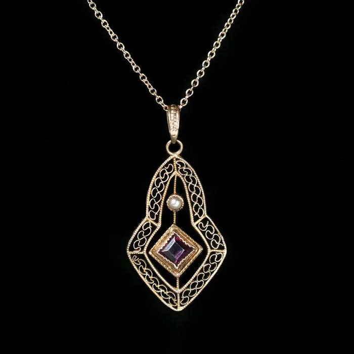Primative Gemstone Necklaces Victorian Amethyst and Seed Pearl Lavalier Pendant Primative Gemstone Necklaces Victorian Amethyst and Seed Pearl Lavalier Pendant