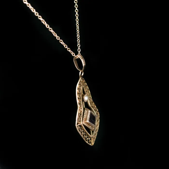 Primative Gemstone Necklaces Victorian Amethyst and Seed Pearl Lavalier Pendant