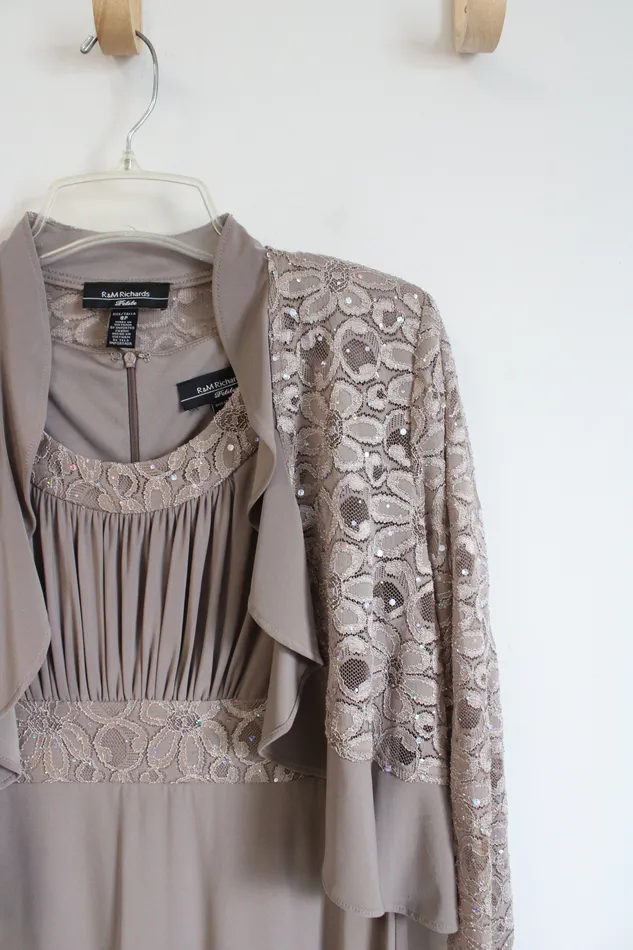 RM Richards RM Richards Lace Rhinestone Taupe Dress Jacket Set 8 Petite Earrings