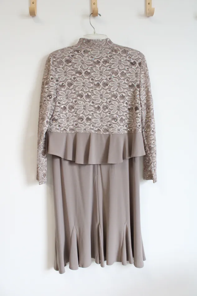 RM Richards RM Richards Lace Rhinestone Taupe Dress Jacket Set 8 Petite Earrings