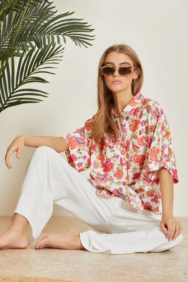 Rings ANDREE BY UNIT FLORAL COLORFUL BUTTON CLOSURE TOP IVORY MULTI