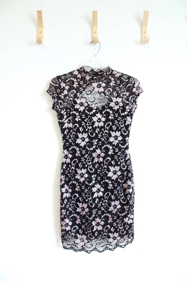 Rings No Boundaries Black Pink Floral Lace Sheath Dress S No Boundaries
