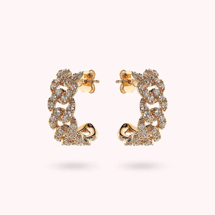 Rings Orecchini a Lobo Golden Catena Grumetta Squadrata con Pav di Cubic Zirconia Bronzallure