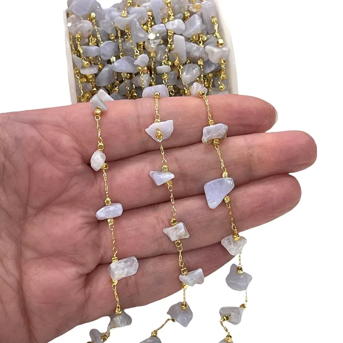 Rings Peppy Beads Blue Chalcedony Rosary Chain 24Kt Gold Plated Gemstone Chain
