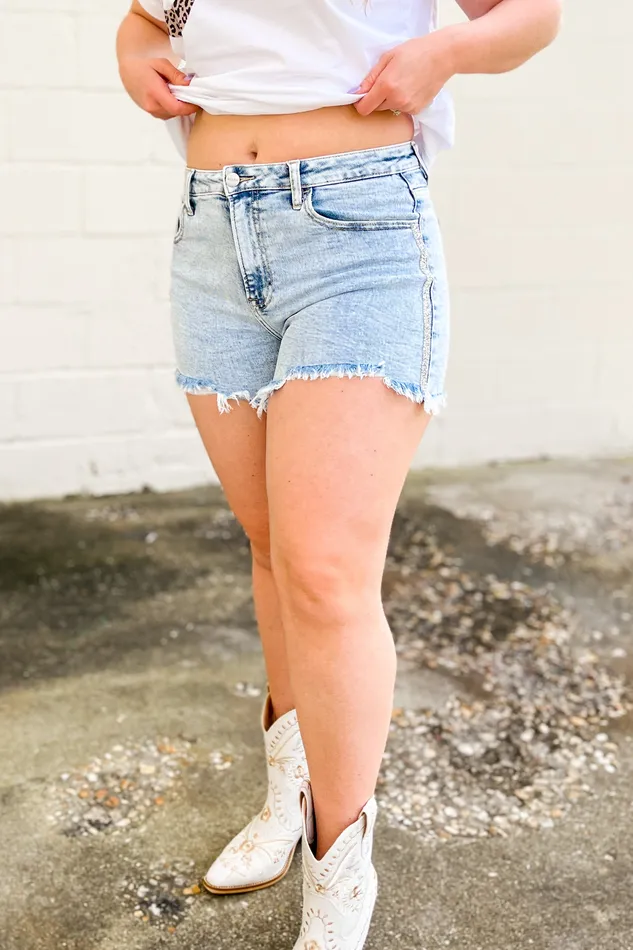 Risen Earrings Broadway Girl Rhinestone Shorts Acid Lightwash