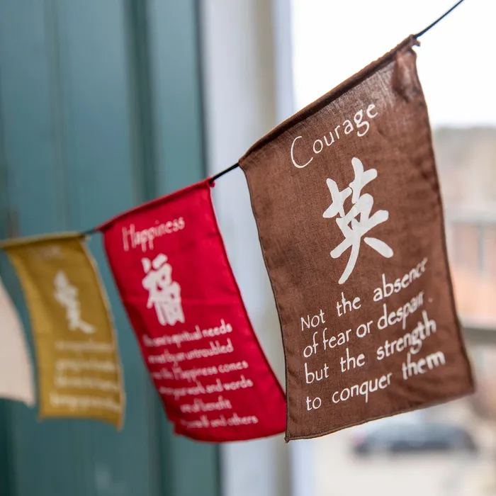 Sacred Statues Earrings Small Prayer Flag in Soft Colors