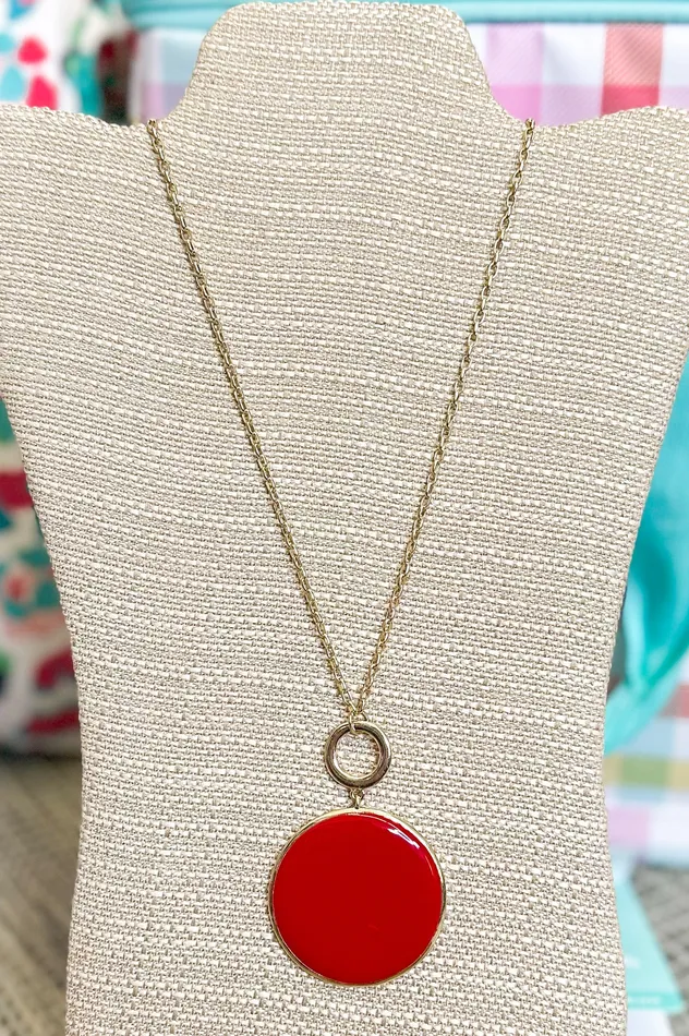 Sew Southern Designs Necklaces Long Gold Necklace with Red Circle