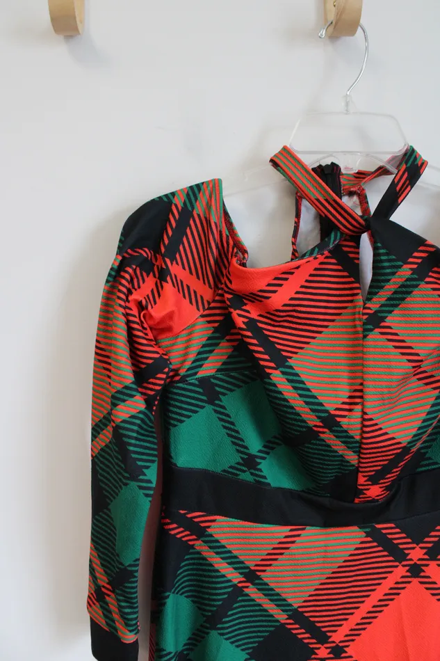 Shein Earrings Shein Red Green Plaid CrissCross Halter Neck OffTheShoulder Maxi Dress L