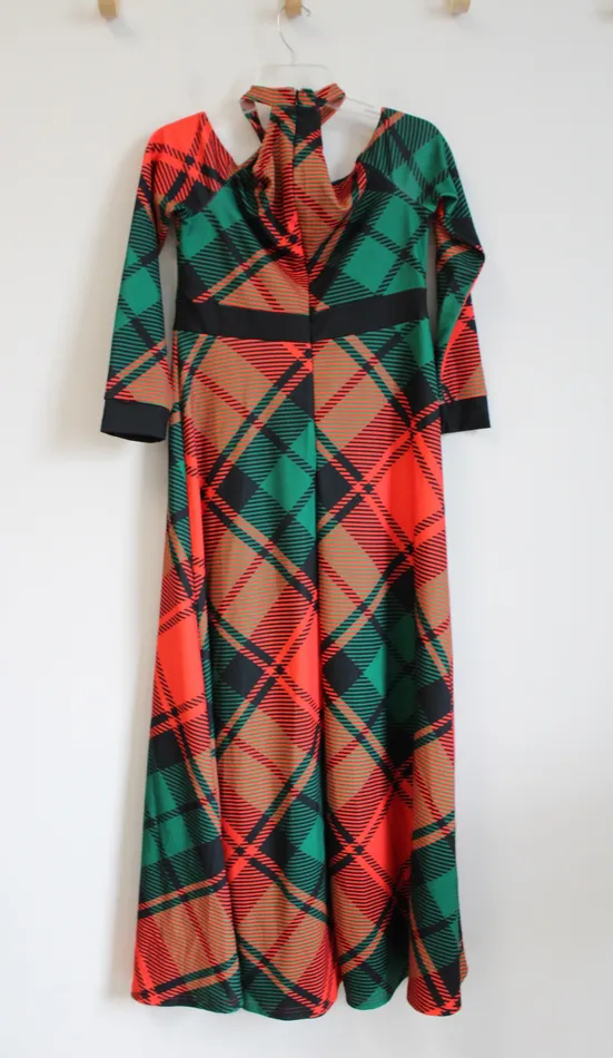 Shein Earrings Shein Red Green Plaid CrissCross Halter Neck OffTheShoulder Maxi Dress L