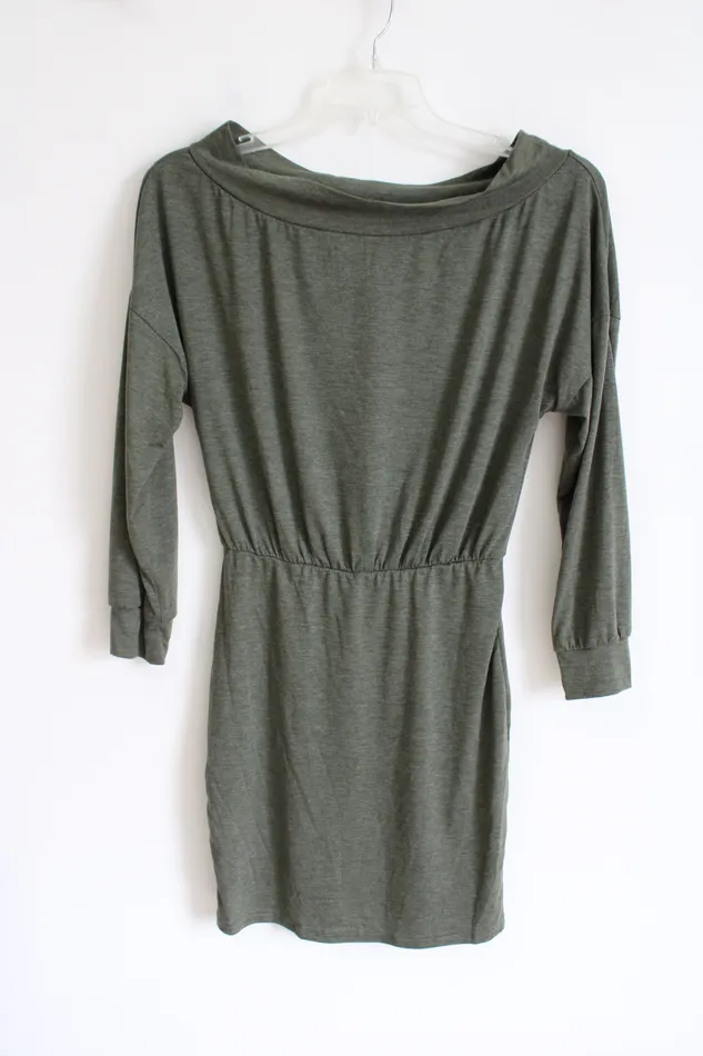 Shein Shien Olive Green Long Sleeved Dress M Earrings