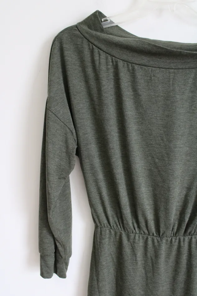 Shein Shien Olive Green Long Sleeved Dress M Earrings