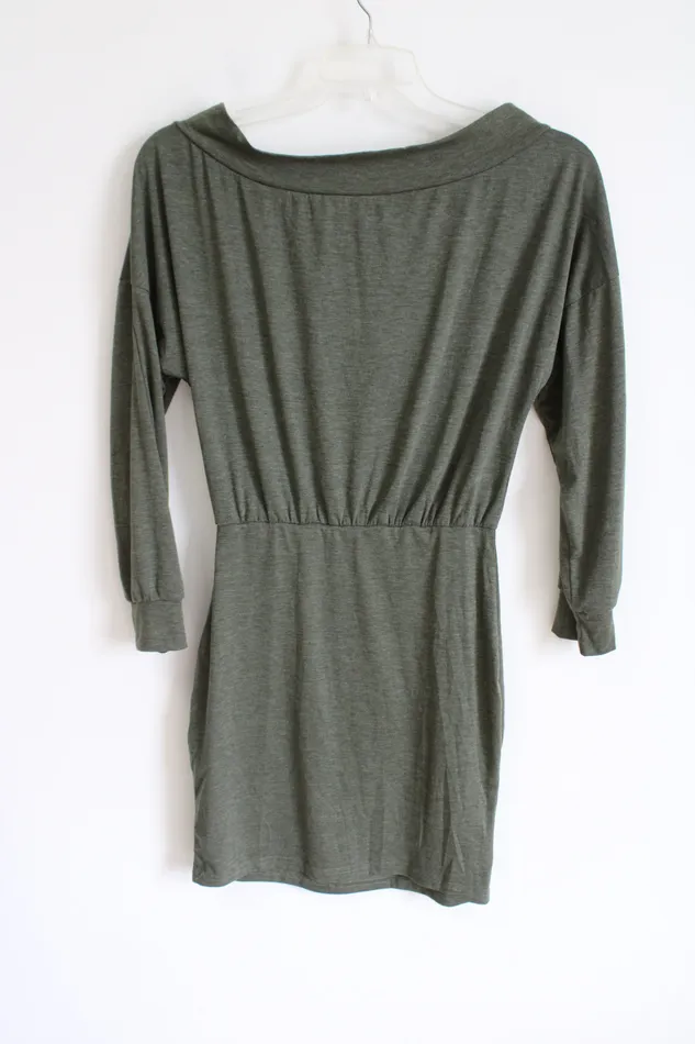 Shein Shien Olive Green Long Sleeved Dress M Earrings