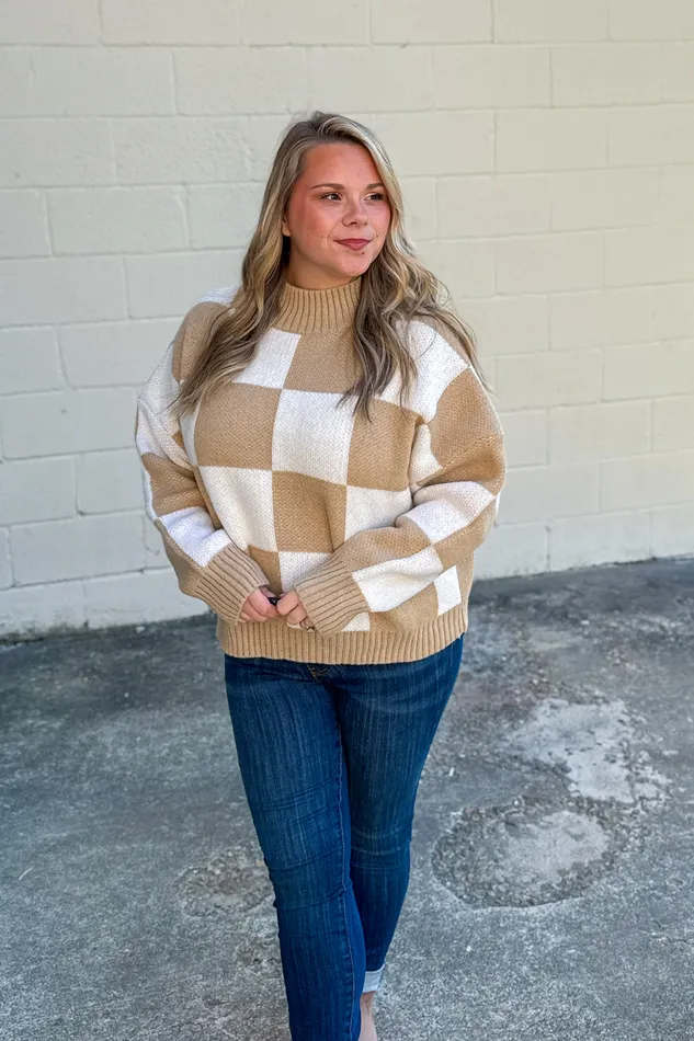 Sittin Pretty Checker Sweater Top White Birch Earrings