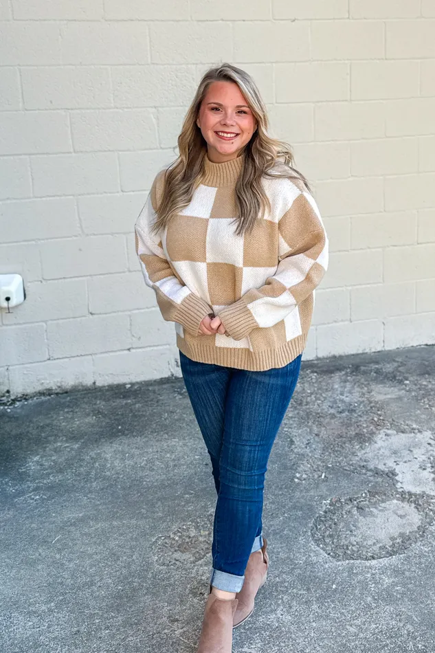 Sittin Pretty Checker Sweater Top White Birch Earrings