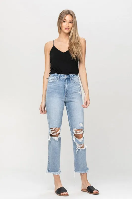 SUPER HIGH RISE DISTRESSED FRAY STRAIGHT JEAN LIGHT STONE Flying Monkey Necklaces
