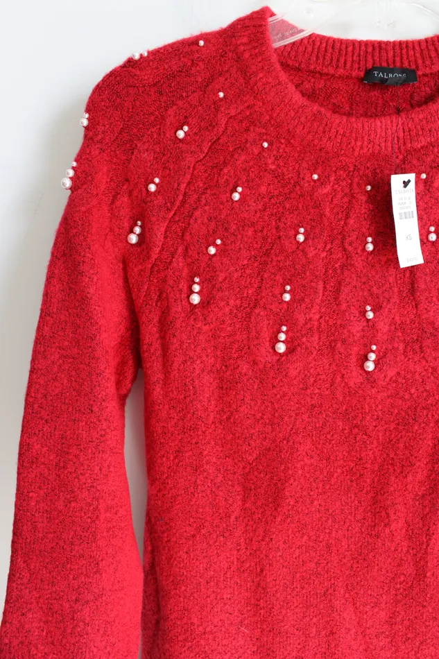 Talbots NEW Talbots Red Knit Pearl Beaded Sweater Dress XS Earrings