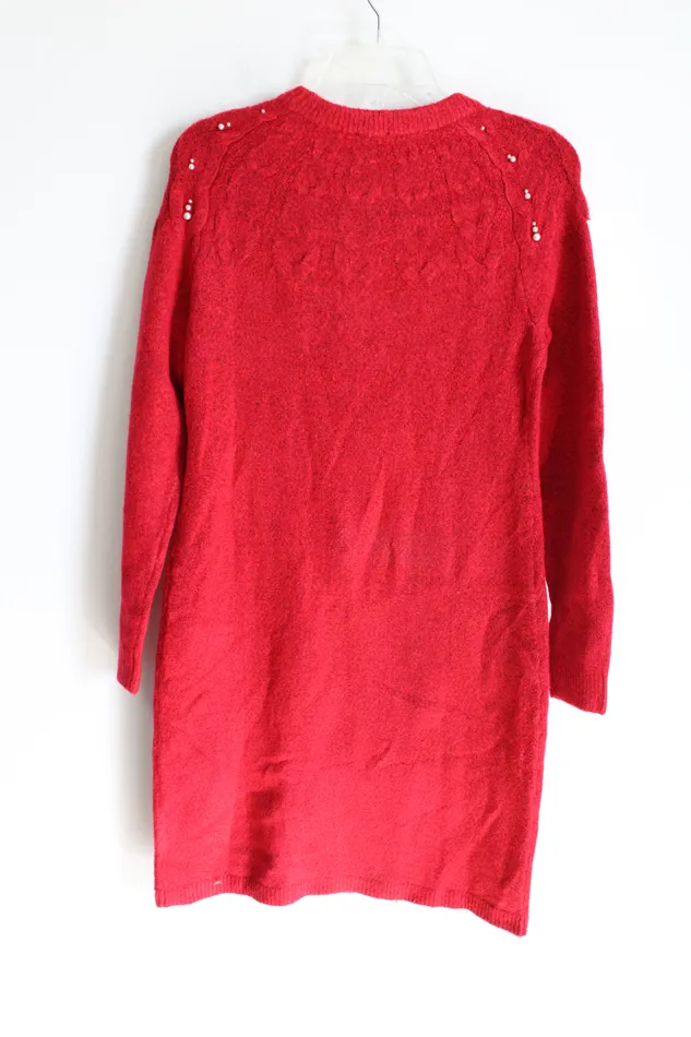 Talbots NEW Talbots Red Knit Pearl Beaded Sweater Dress XS Earrings