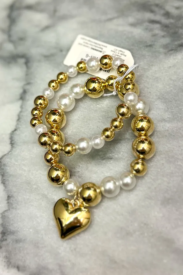 Two Metal Tone and Pearl Beaded Bracelets with Heart Charm Judson Rings