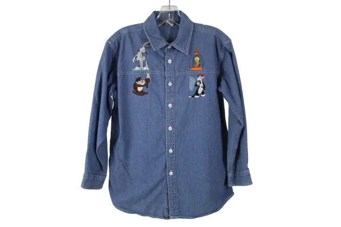 Warner Bros Earrings Vintage Warner Bros Denim Embroidered Shirt Youth M