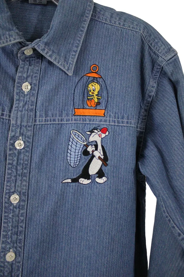 Warner Bros Earrings Vintage Warner Bros Denim Embroidered Shirt Youth M