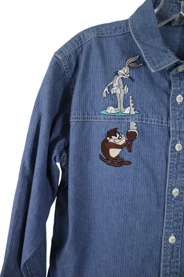 Warner Bros Earrings Vintage Warner Bros Denim Embroidered Shirt Youth M