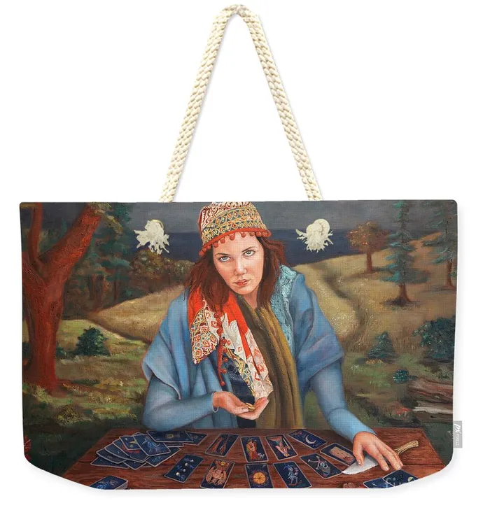 Weekender Tote Bag Customizable Carryall Tote Bag The Gypsy Fortune Teller Design Portraits by NC Earrings