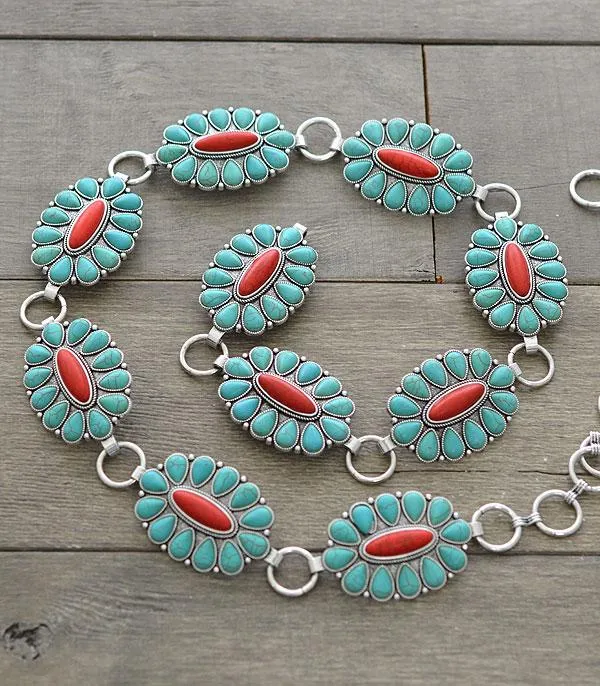 Western Turquoise and Red Concho Belt YKT Necklaces