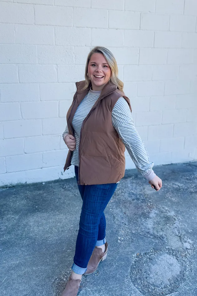 White Birch Earrings Cabin Cozy Puffer Vest Brown