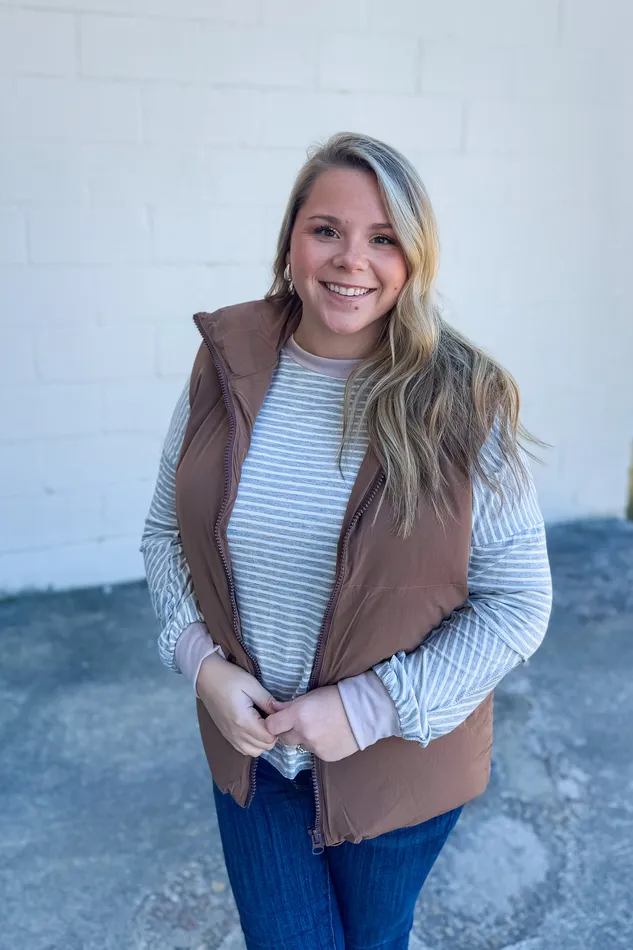 White Birch Earrings Cabin Cozy Puffer Vest Brown