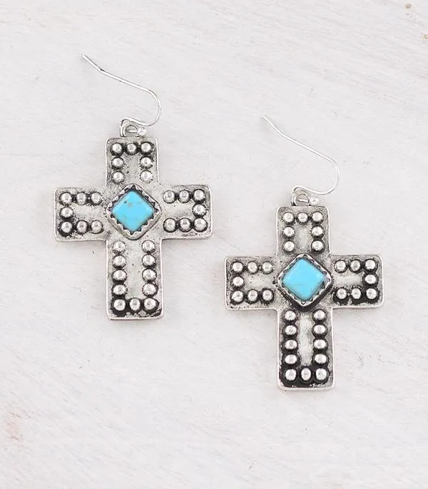 YKT Earrings CROSS SILVER TURQUOISE STONE DANGLE EARRINGS